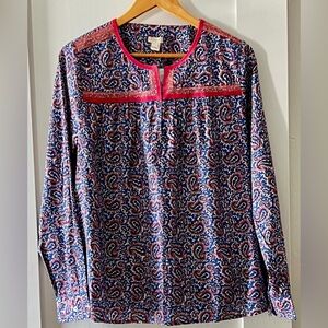 J Crew 100% Cotton Long Sleeve Paisley Peasant Pop Over Top V-neck Womens L Boho